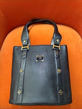 MCM Black Leather Tote with Gold Hardware